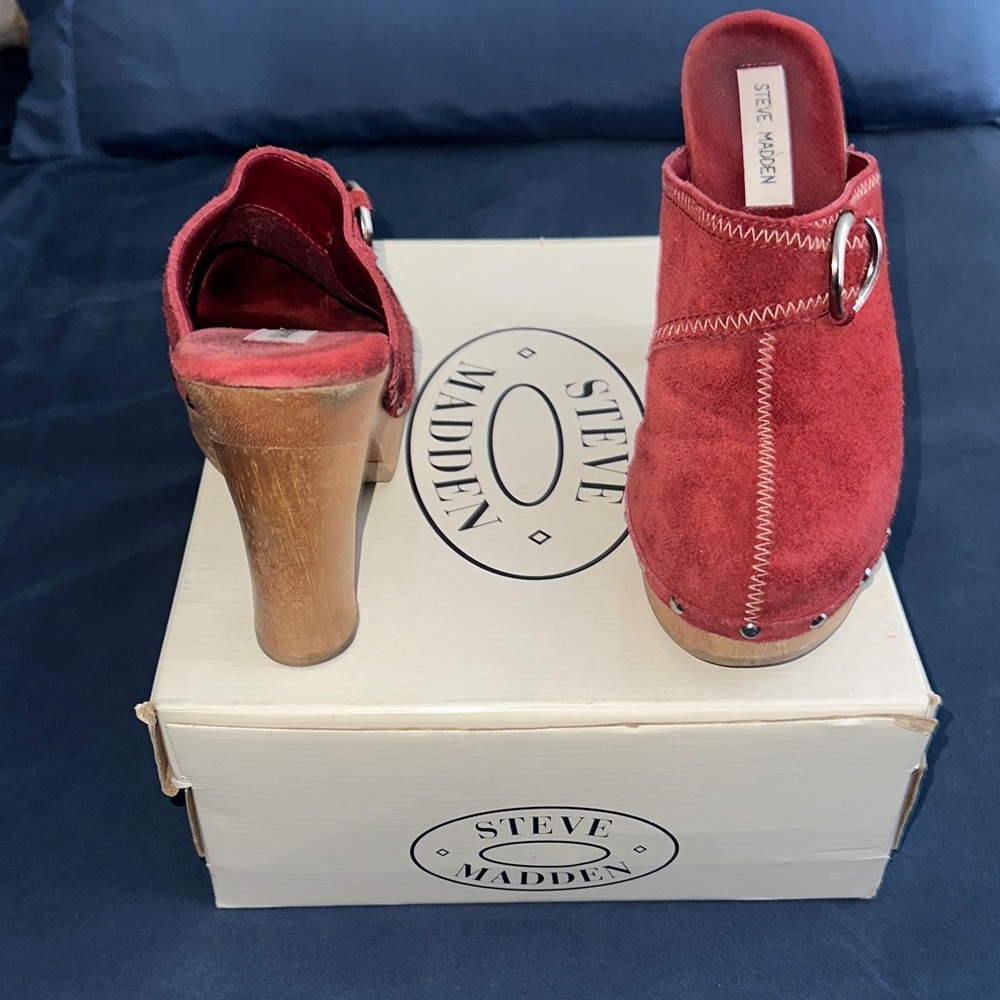 Steve Madden Burgundy Suede Mules with Wooden Heel